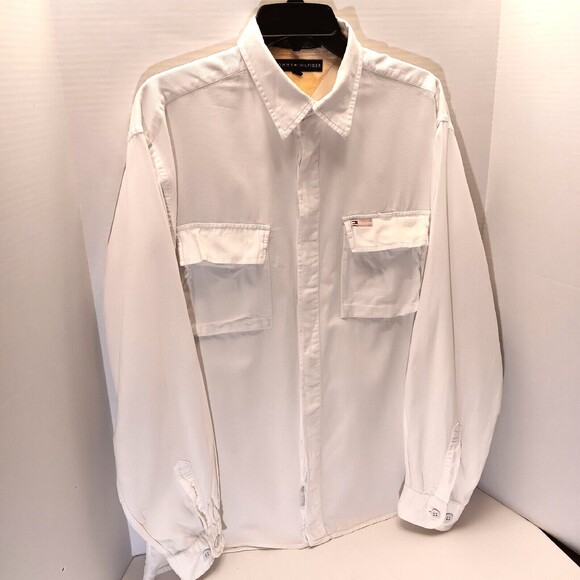 Vtg Tommy Hilfiger Shirt Men L  White Button Up Long Sleeve Pockets Preppy Y2K - Picture 2 of 12